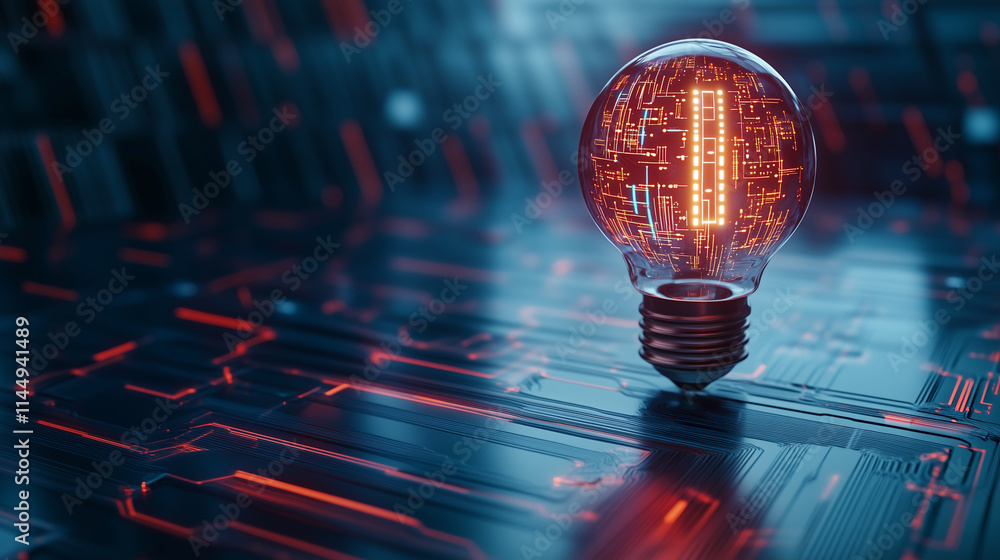 Aufkleber an incandescent light bulb with a vibrant ai microchip glowing inside, casting intricate digital ref