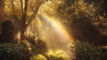 Serene Sunny Garden with Rainbow and Golden Autumn Leaves