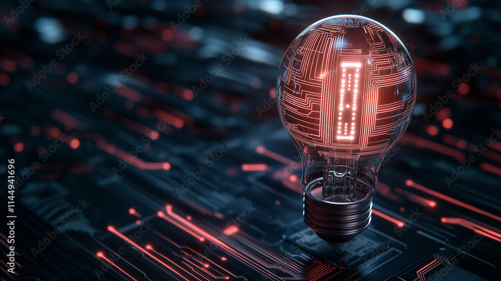 Aufkleber a radiant incandescent bulb with a bright ai microchip inside, its light refracting into a network o