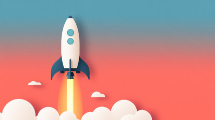 A rocket launching into a glowing sky representing success and significant achievements, Flat style