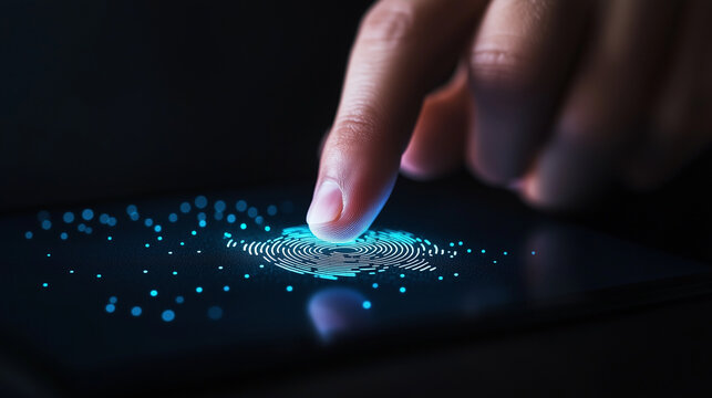 A glowing fingerprint scanner on a tablet lighting up as a hand presses it, with holographic biometric icons floating above a sleek digital background