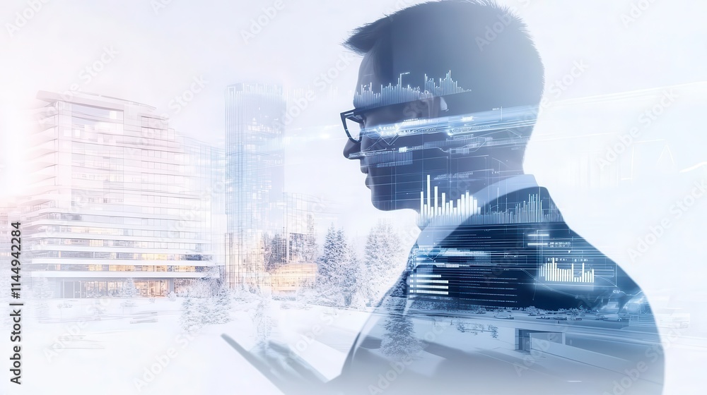 Poster creative merger of modern architecture and data flow with a confident professional in the foreground