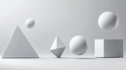 Abstract Composition of Geometric Shapes in Light Gray Color with Textured Surfaces Featuring a Pyramid, Sphere, Cube, and More for Modern Art and Design Projects