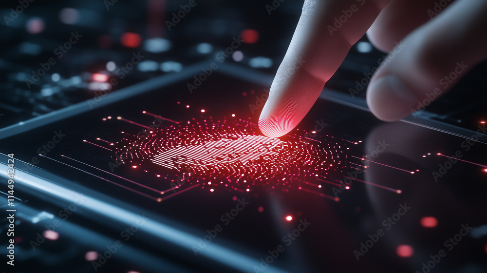 Aufkleber a glowing fingerprint scanner on a sleek tablet activated by a handâs touch, with pulsing lines of