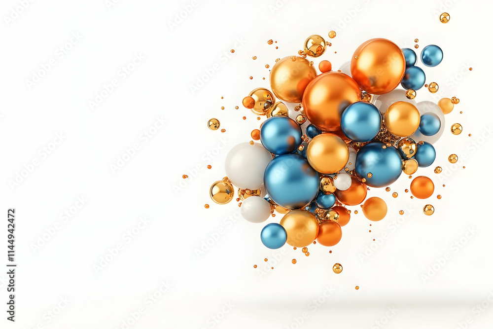 Poster abstract metallic spheres explode against white background; design element.
