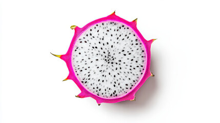 A minimalist and vibrant cut-out of a dragon fruit slice, its stark white flesh dotted with black seeds and edged with a bright neon pink peel, cleanly isolated on a white background. The colors appea