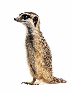 recommend clip art: Alert Meerkat Standing Profile, White Background, Wildlife, Animal Portrait, Stock Photo.