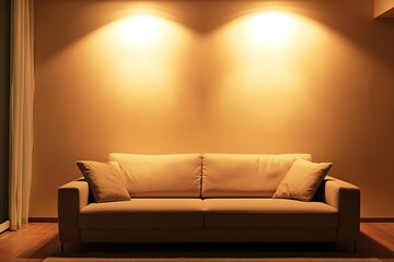 room is illuminated by soft overhead lighting casting gentle glow across modern sofa