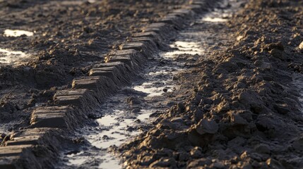 Muddy Field with Tire Tracks and Water Puddles