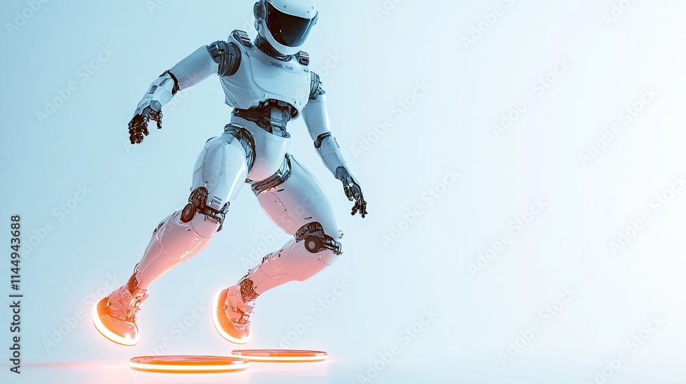 Poster a futuristic robot hovering mid-air using glowing anti-gravity disks on its feet, white background.