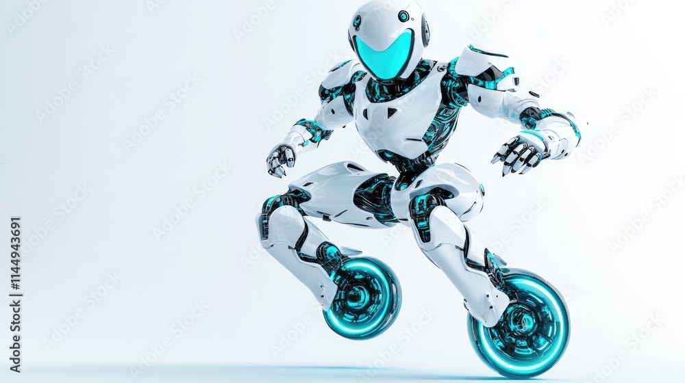 Poster a futuristic robot hovering mid-air using glowing anti-gravity disks on its feet, white background.