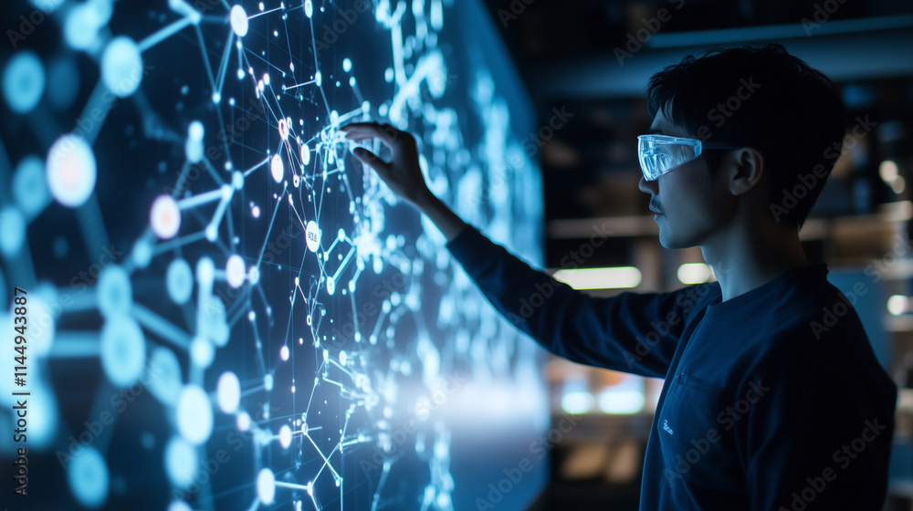Poster a scientist interacting with a large augmented reality display of a beauty productâs chemical form