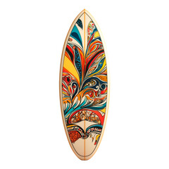 Colorful surfboard with vibrant artistic floral patterns, ideal for ocean enthusiasts and beach vibes.