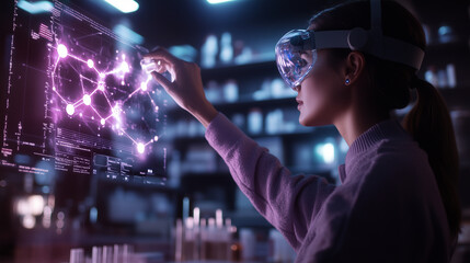 A lab technician adjusting a virtual chemical formula of a skincare product projected in augmented reality, with glowing molecular structures and laboratory instruments in the back