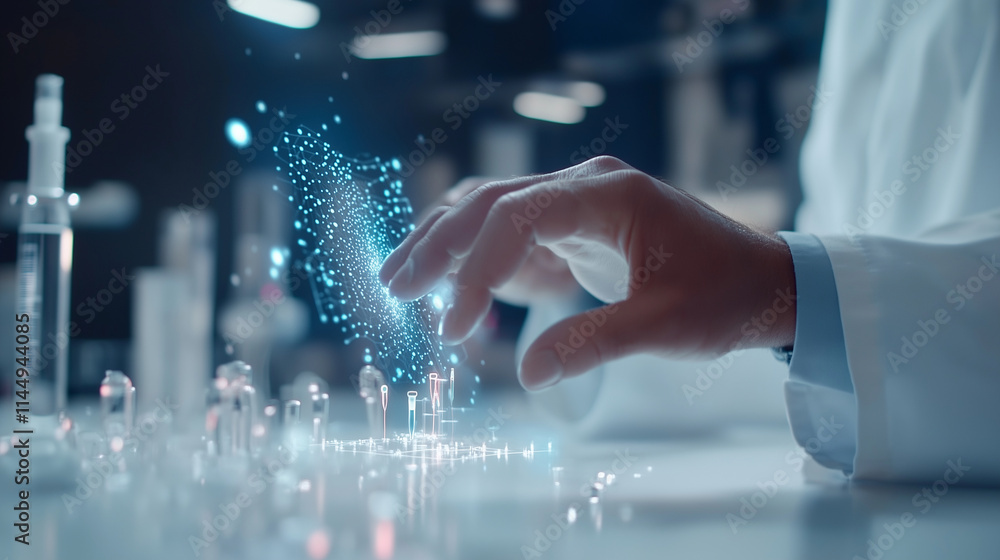 Poster a close-up of a scientistâs hands adjusting an augmented reality interface displaying a cosmetic p