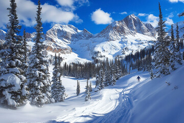 Fototapeta premium A Snow Skier Carving Through Snowy Peaks on a Blue Sky Day
