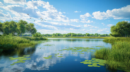 Peaceful wetland with lily pads and lush greenery under blue sky