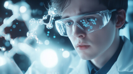 A scientist in a modern laboratory using augmented reality to explore a digital chemical formula of a cosmetic product, with floating molecular structures and data-driven visuals s