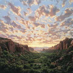 Fototapeta premium A breathtaking landscape featuring mountains, lush greenery, and a vibrant sky.