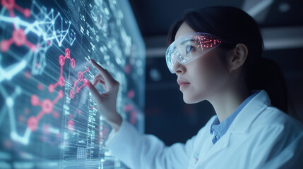 A researcher analyzing data on a holographic screen, with molecular structures and graphs floating in augmented reality