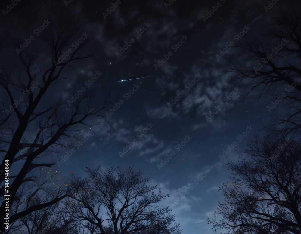 Wall mural dark blue night sky with twinkling stars and silhouetted tree branches, dark blue, nature