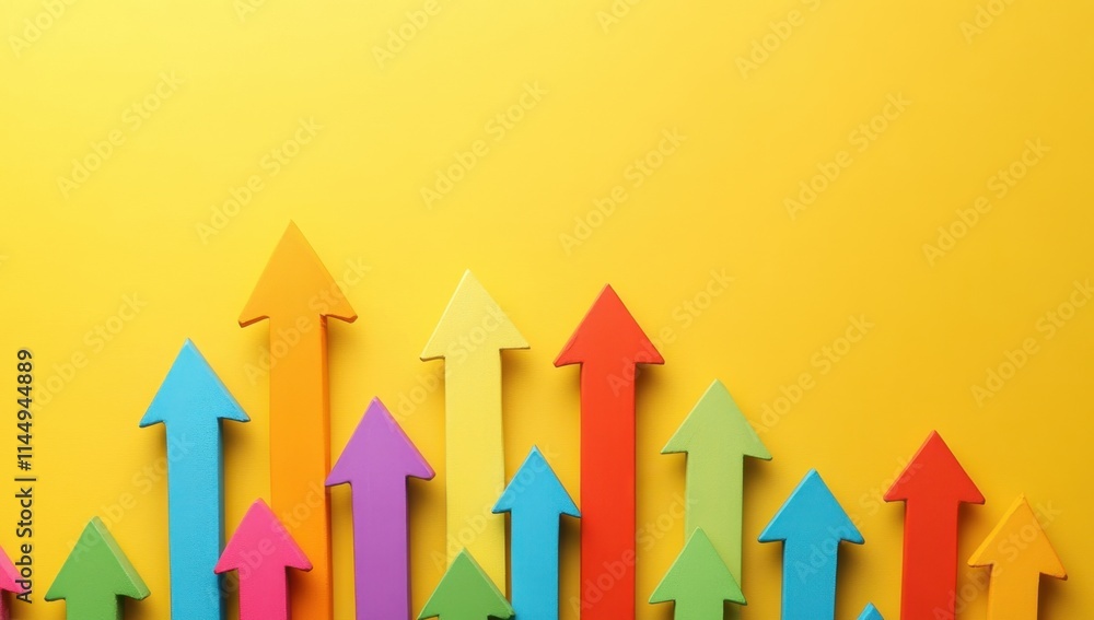Poster a set of colorful arrows pointing upwards on a yellow background, symbolizing growth and progress in
