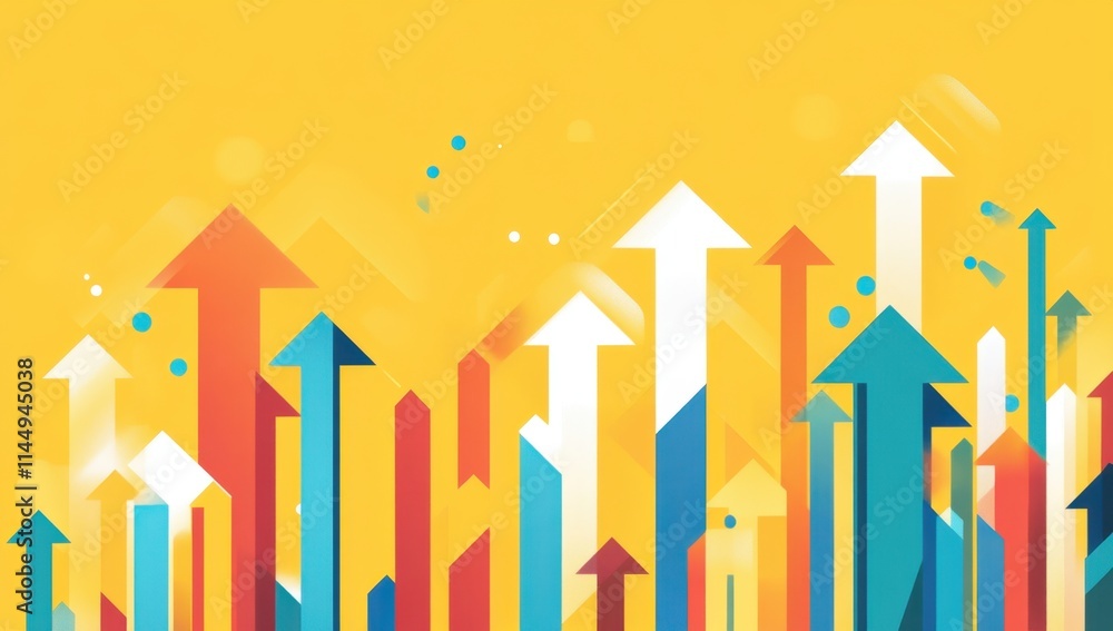 Poster abstract background with colorful arrows pointing upwards on a yellow background, representing growt