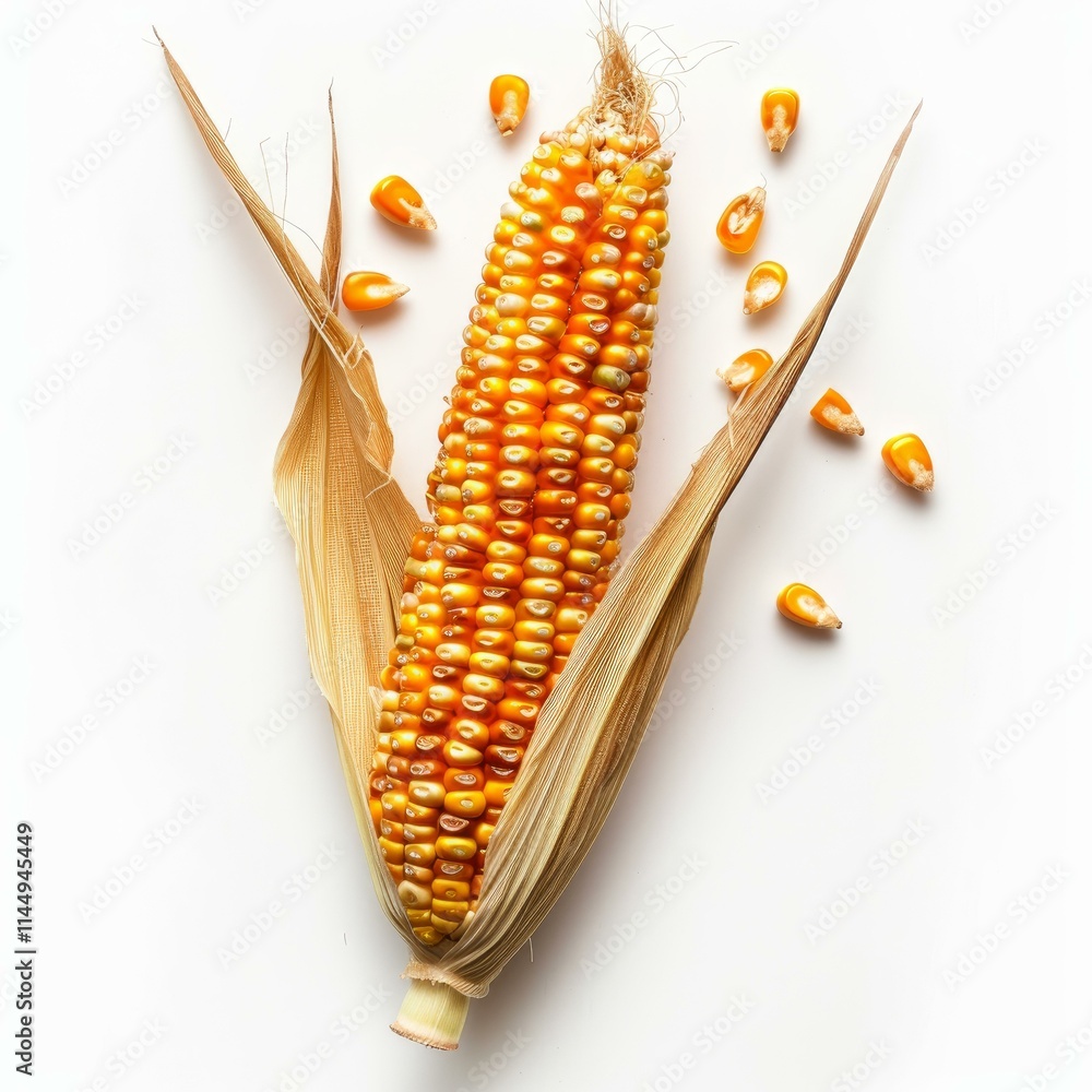 Poster isolated corn cob with kernels lying on a white background