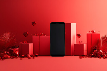 A sleek smartphone mockup placed alongside 3D-rendered gift boxes on a vibrant Valentine-themed background.