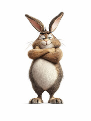 Obraz premium Confident cartoon rabbit, arms crossed, white background, animation character, children's book illustration.