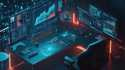 Obraz premium Futuristic cyberpunk control console with holographic displays and data visualization