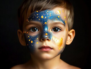 Heartwarming portrait of a young boy with golden brown hair, wearing celestial themed face paint of stars and constellations, surrounded by soft dark shadows