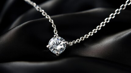 Elegant Silver Necklace with Heart-Shaped Diamond on Black Satin