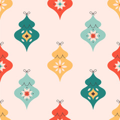 Seamless pattern with Christmas tree toys. Christmas ornaments. Print for wallpapers, textiles, wrapping paper, banners. Vector illustration in flat style