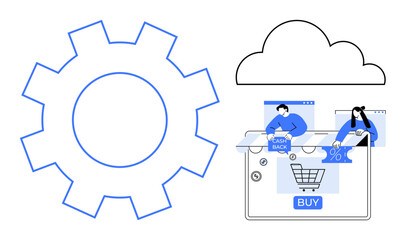 Large gear, cloud icon, shopping cart on screen, people using e-commerce platform for purchases and cashback. Ideal for technology, e-commerce, cloud services, online shopping, promotions digital