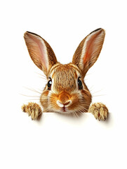 Obraz premium Cute bunny peeking over white background; Easter, spring, advertisement.