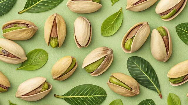 Peeled Pistachio nuts Green Leaves on Green background