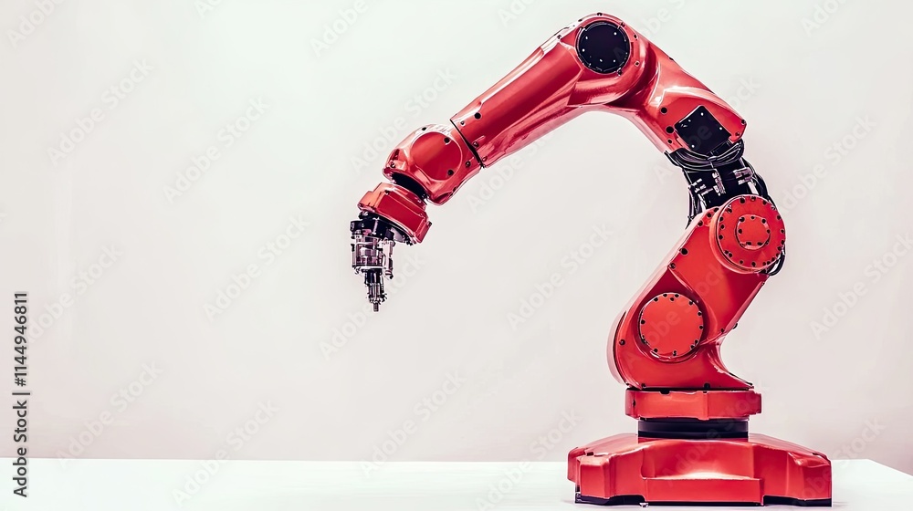 Poster a robotic arm with a built-in welding torch, positioned for precision welding, white background.