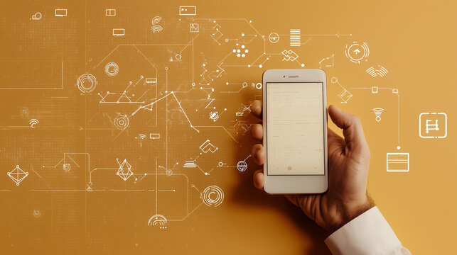 A clean, soft pastel yellow backdrop highlights a hand holding a white-screen smartphone, surrounded by faint holographic shapes and icons for a futuristic, data-centric look.