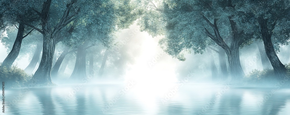 Poster calming banner showing misty forest with soft light breaking through trees