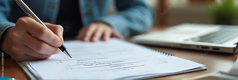 Aufkleber writing business success concepts on a notepad paper in 2018 while sitting at a desk on a working ta