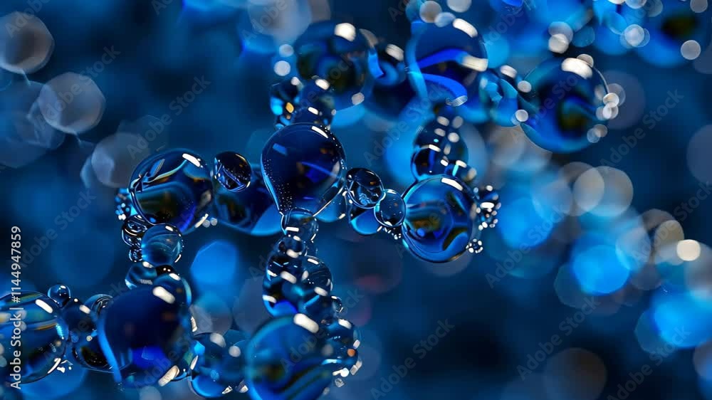 Poster a collection of sparkling blue droplets merges gracefully, reflecting light in intricate patterns, c