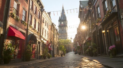 A charming cobblestone street with a clock tower and decorative lights.