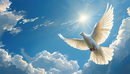 Obraz premium White dove soaring in blue sky with sunlight