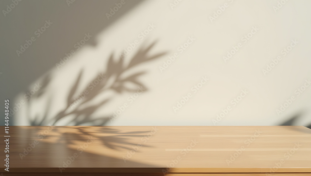 Aufkleber wooden tabletop has a subtle shadow cast by a tree leaf on its surface, set against a neutral backgr