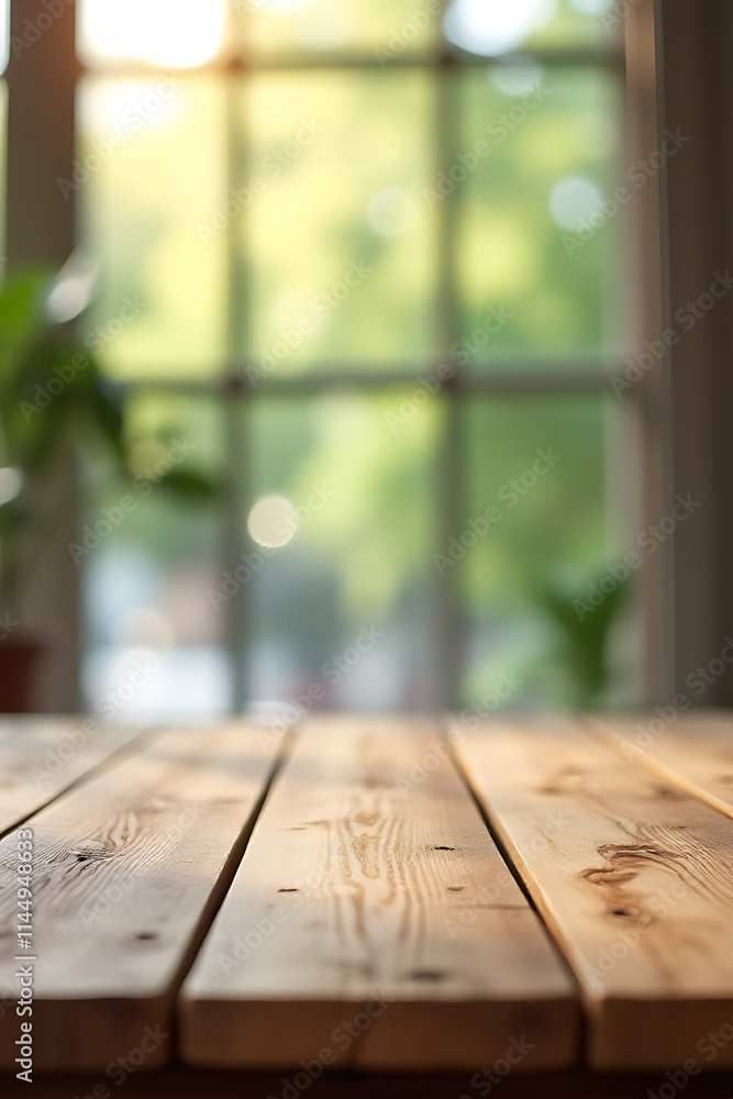 Poster Wooden table top with a blurred window in the background, selectively focused to highlight the wooden texture and design._00003_