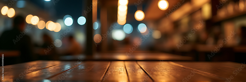 Poster wooden table top in a dimly lit cafe at night, with blurred light and bokeh effects creating an aest