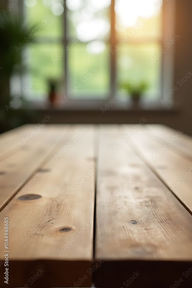 Poster Wooden table top with a blurred window in the background, selectively focused to highlight the wooden texture and design._00001_