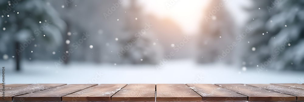 Aufkleber wooden table stands empty amidst a gentle snowfall backdrop of the serene winter season scenery outs