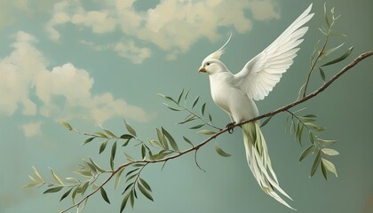 Elegant bird on branch with sky background and copy space